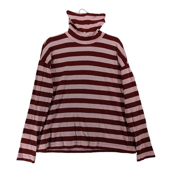 J.Crew Striped Top S Maroon Pink Knit Turtleneck Long Sleeves Flowy Hem Workwear - Picture 1 of 9